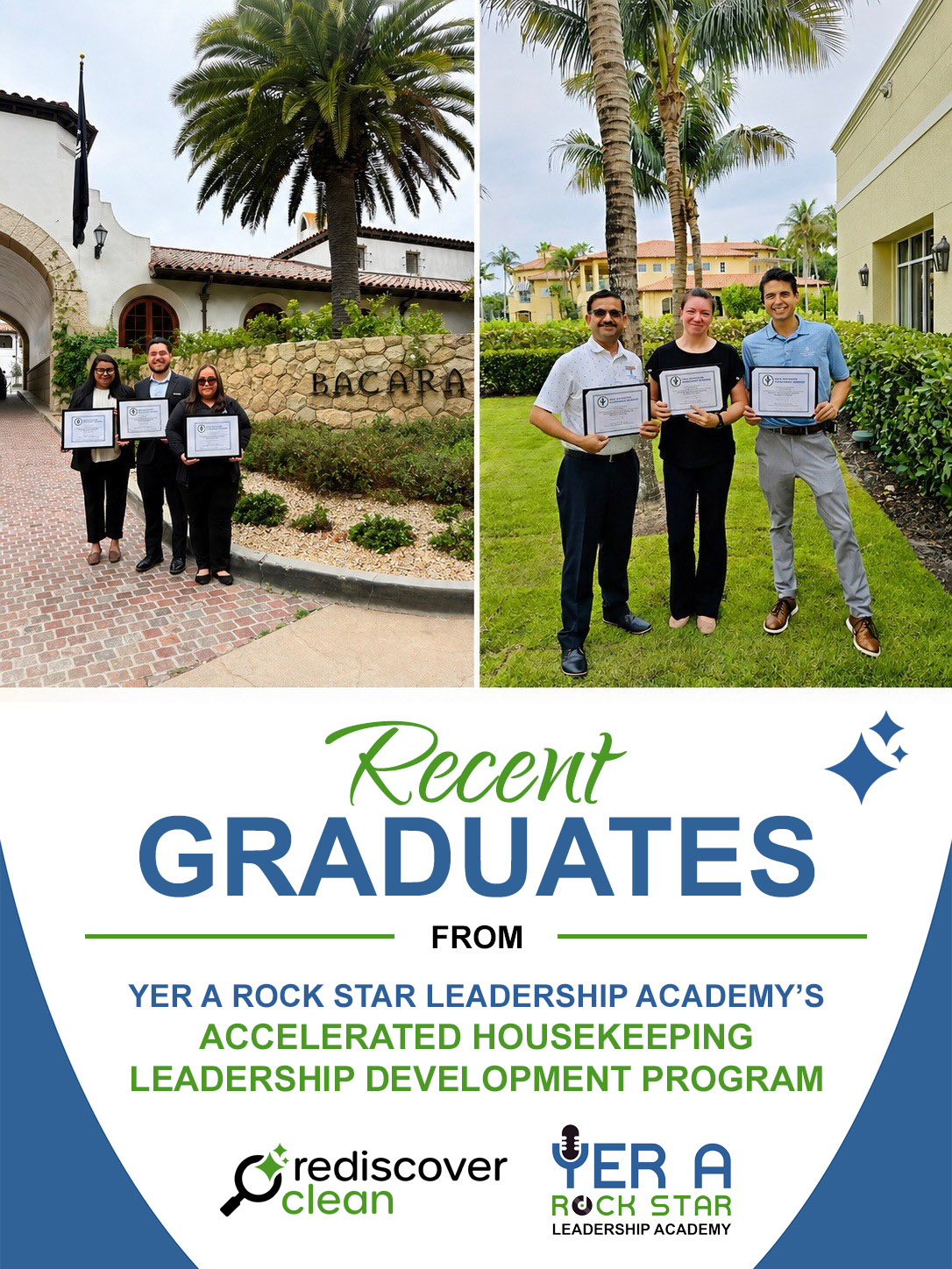 Three housekeeping leaders holding certificates in front of Bacara Resort